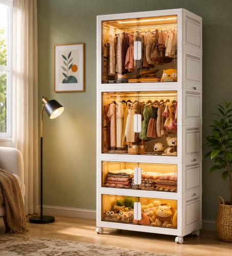 Image of YASONIC Plastic Wardrobe for Kids, Baby Cupboard for Storage, 12 Cubes Almirah, Cupboard for Clothes, Collapsible Wardrobe for Metal Utility Storage Cart with Wheels (WHITE-SJM32160-2)
