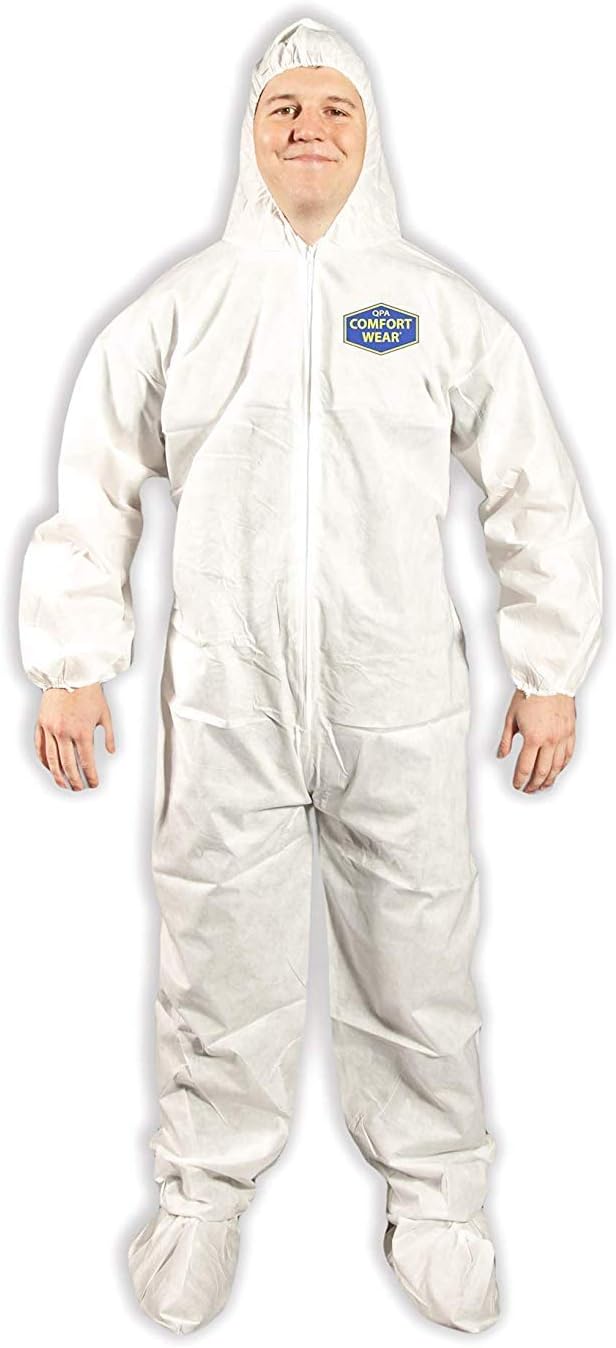 Quest Comfortwear Disposable Coveralls for Dry Environments - Protective Safety Clothing with Hood and Boot – Hooded Hazmat Suit with Zipper Closure – White, X-Large, Pack of 6 : Tools & Home Improvement