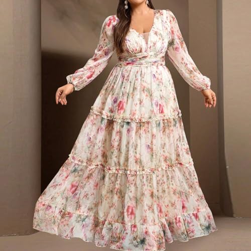 Image of Spring Summer 2024 Plus Size Womens Dresses V Neck Casual Elegant Long Sleeve Floral Print Maxi Dress