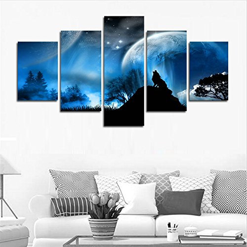 Crmart 5 Panel Wall Art Painting Wolf Howled Under The Moon The Picture Print On Canvas Landscape Pictures For Home Decor Decoration Gift(60" W X 32" H, Framed) #TOP2