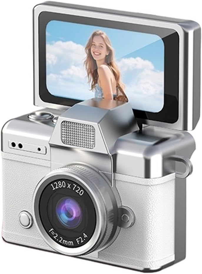 Palm-Sized Portable Keychain Mini Digital Camera, 180° Flip Selfie Screen with Fill Flashlight & Multiple Built-in Filters(Add 64G,White)