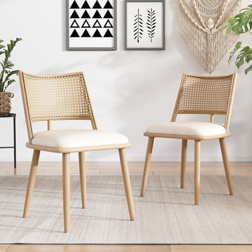 HaoChrymec Conjunto de 2 Sillas de Comedor con Asiento de PU y Respaldo de Rattan, Sillas Giratorias, Silla para Salón y Dormitorio, Beige, 60x59x49cm