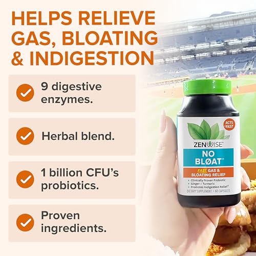 Zenwise Health NO Bloat Digestive Enzymes + Probiotics for Women and Men Digestive Health with Ginger, Dandelion, and Lactase for Gas and Bloating Relief - Vegan Water Retention Pills - 60 CT