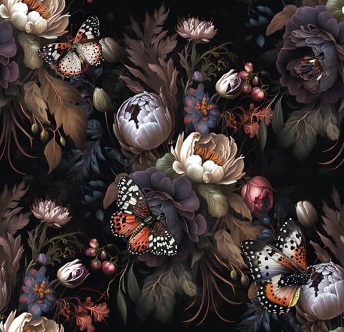 Stickyart Whimsical Dark Floral Wallpaper Peel and Stick Gothic Moody Wallpaper Removable Vintage Black Floral Butterfly Contact Paper Dark Academia Wall Mural for Cabinets Bedroom Wall 17.5'x80'