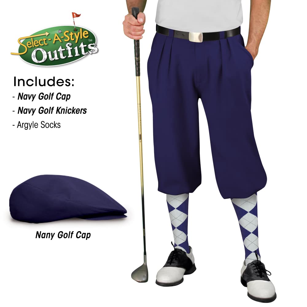 Golf Knickers Mens Select A Style Outfit - Matching Golf Cap - Navy - Waist 44 - Sock - Navy/White