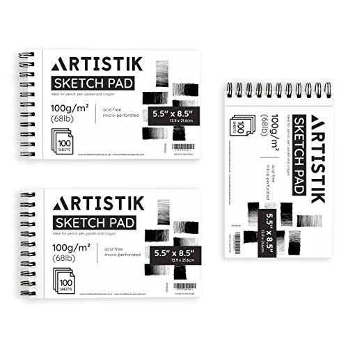 Spiral Sketch Pads for Drawing - Mixed Media Sketch Book, 5.5\" x 8.5\", 100-Sheets, (100gsm) Perforated - Pack of 3