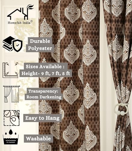 Image of Homefab India 2 Piece Polyester Printed Curtains Room Darkening Panel - Door 7 feet, Damask Brown Curtain