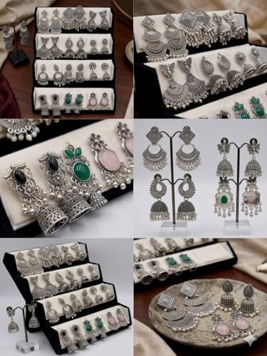 Image of 12 Pair Fashion Earrings Set with Organizer Box | Mixed Stud & Jhumki Combo for Women & Girls | Ready to Gift Pack Black Velvet Display Box for Women & Girls