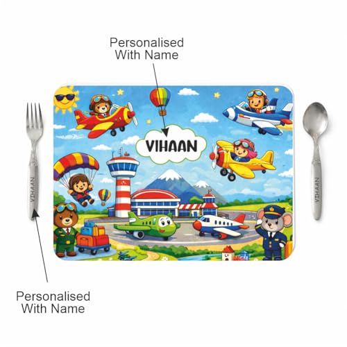 Image of Customized Table Mat with Name & Design Engraving | Personalized Dining Mat with Spoon & Fork | Customized Birthday Gift for Kids (Aeroplane)