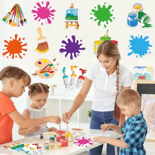 Image of 48Pcs Art Paint Cutouts for Bulletin Board Decorations, Colorful Art Painting Party Cutouts Paint Splatter Paper Cut Outs for Home School Bulletin Board Wall Chalkboard Craft Theme Party Decor