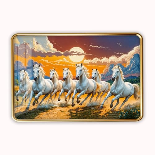 Image of 7 Running Horses Photo Frame, Ultra High Gloss Lamination, Vastu Painting for Living Room, Office, 12x18 Inch (Design 17)