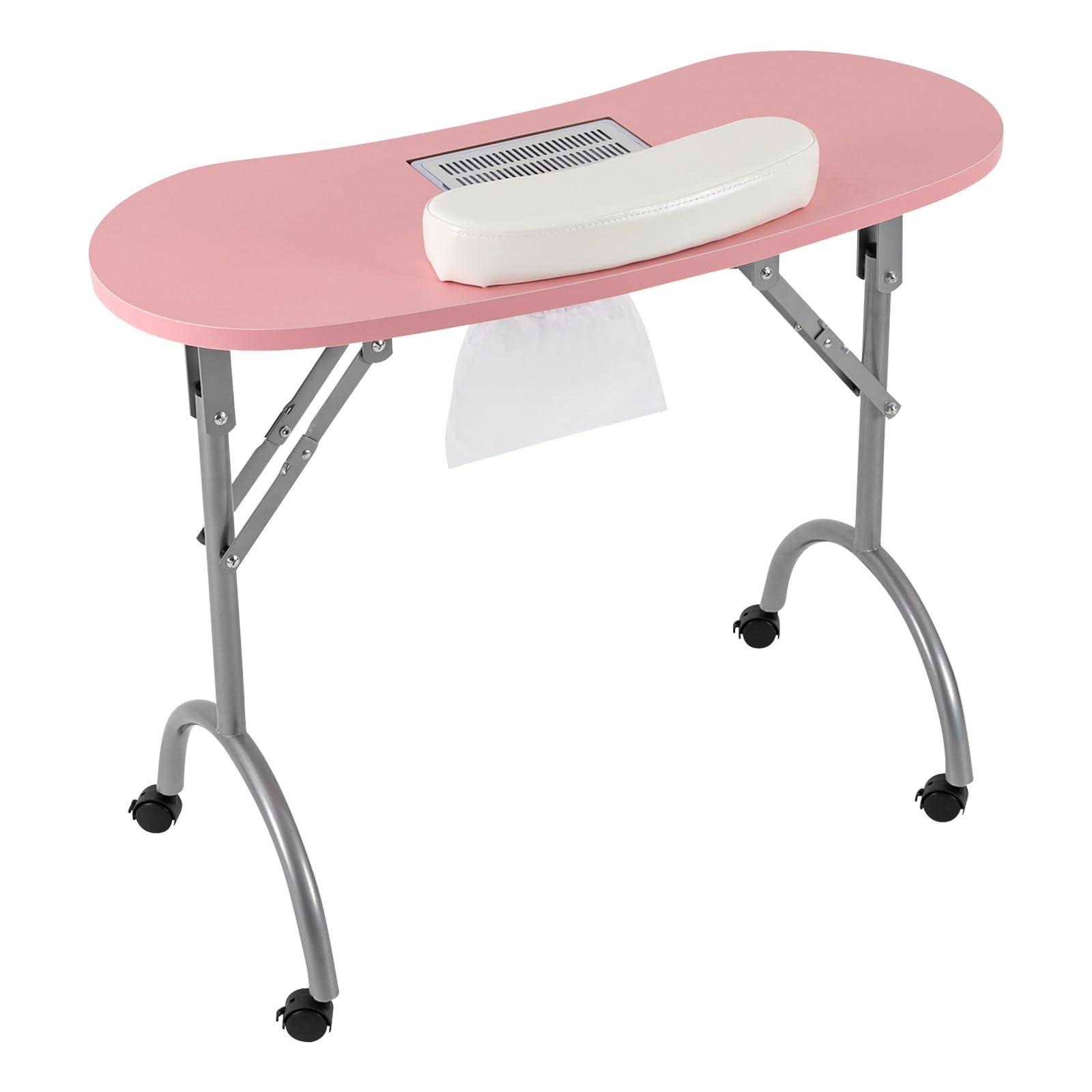 Tavolo per manicure portatile, 90 x 40 x 72 cm, rosa, pieghevole, capacità di peso 30 kg, con 3 sacchetti per aspirapolvere e tampone per il polso, per la cura delle unghie