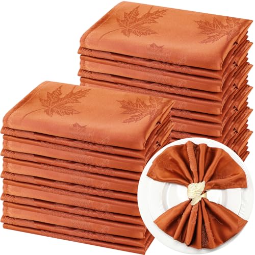 Tegeme HA-TEGEME-2388 Fall Leaves Damask Cloth Napkins 18 Inch X 18 Inch Rust Jacquard Solid Washable Polyester Dinner Soil Resistant Cloth Napkins cover