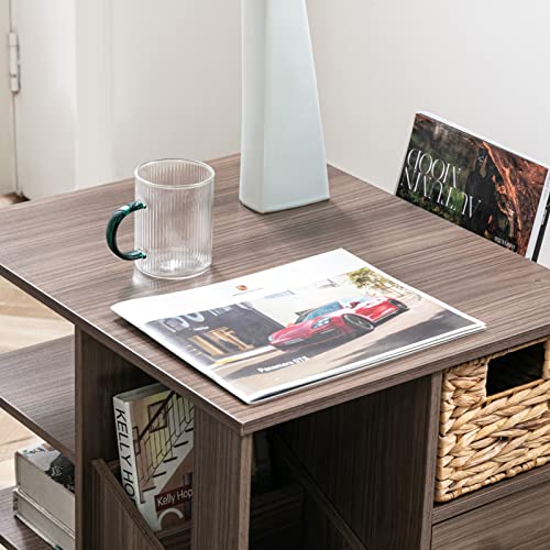 Rotating End Table, Modern Farmhouse End Table with Magazine Rack and Drawers, Revolving End Table with Storage for Living Room Bedroom, Sofa Side Nightstand with Open Storage Shelf (Grey) - Thumbnail 7