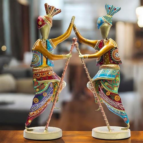Image of KRAFTSKALA Handcrafted 14-Inch Bhangra Dancer Statues - Vibrant Punjabi Folk Dance Metal Showpiece Set for Traditional Indian Home Decor - Ethnic Festival Gift