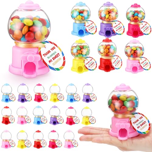 Foilswirl 24 Sets Candy Party Favors with 3.8 Inch Mini Candy Dispenser Toy Thank You Cards Plastic Gumball Machines for Sweet Birthday Party Decorations