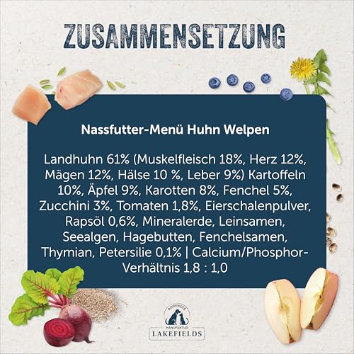 Lakefields Premium Welpenfutter Nass | Huhn 61% | 6 x 800g | Getreidefreies Hundefutter für Welpen | Natürliche Zutaten in Lebensmittelqualität | Karotten, Kartoffeln & Apfel | Schonend gegart