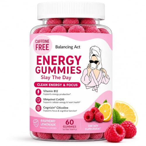Balancing Act – Slay The Day Energy Gummies – Caffeine Free Focus & Clean Energy Support – with Vitamin B12, CoQ10 & Cognizin® Citicoline – Raspberry Lemonade – 60 Count (30 Day Supply)