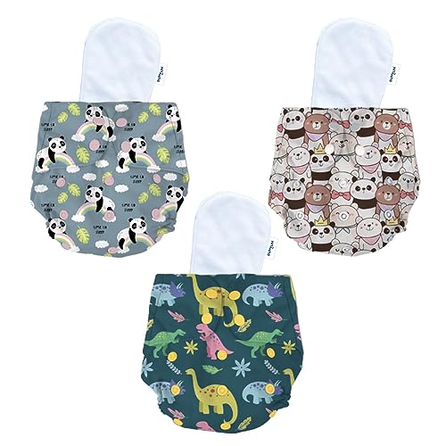 Image of Bumtum Baby Diaper | 0-3 Yrs Baby Freesize | Pack of 3, New Born Baby Diaper, Cloth Diaper, Waterproof Reusable Diaper, 5hrs Absorbency, Washable, Cotton, Extra Soft (Teddy Face, Panda & Dinosaur)