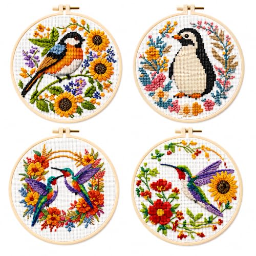 Image of Zhenqing 4 Pack Bird Cross Stitch Kit for Adults & Beginners, 11CT Stamped Cross Stitch Set with Hoop, Hummingbird, Penguin & Songbird Designs, DIY Embroidery Kit Home Decor Gift(70361)