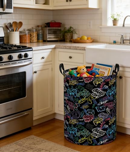 Image of Kids Laundry Basket Boys Laundry Hamper Kids Collapsible Canvas Waterproof Storage Bin for Boys Baby Nursery Hamper Gift Baskets for Bedroom(Cool games)