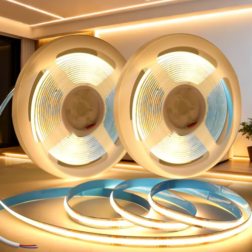 SUCIKORIO COB LED Strip Light Without Plug 12V 2x5m Warm White 3000K LED Strip Lights for Bedroom Adhesive TV Led Lights Backlight Flexible Cuttable COB Led Light Strips 8mm 320LEDs/m Super Bright