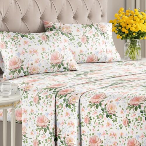 Image of Queen 4 Piece Floral Sheet Set - Soft, Breathable & Cooling - Secret Garden | 1 Flat, 1 Fitted & 2 Pillowcases w / Deep Pockets, Boho Botanical Floral Bedding, Breathable & Cooling, Wrinkle & Fade Free