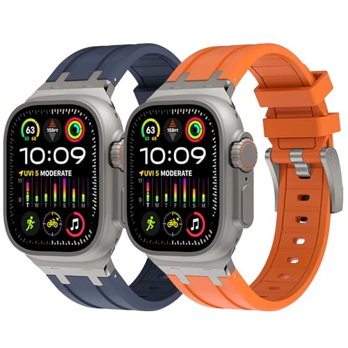 WINGLE 2 Pack for Apple Watch Ultra 2 Band 49mm 45mm 44mm 42mm for Men, Liquid Silicone AP Rubber Bands for iWatch Ultra/Ultra 2 Series 9 8 7 6 5 4 SE Luxury Design with Stainless Steel Adapter