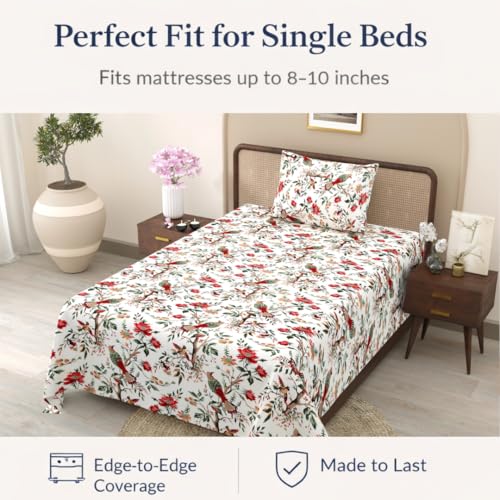 Image of elanorhomes 100% Cotton 240 TC Single Bed Sheet Set | Floral Printed Bedsheet with Pillow Cover | Soft Breathable Fabric for Bedroom | 60x90 Inches (Flying Petals)