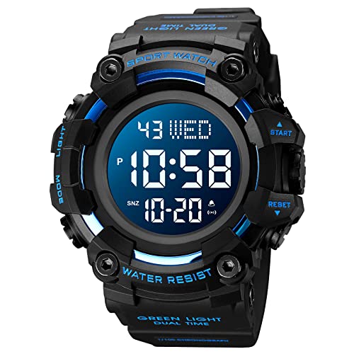 FANMIS メンズ デジタル 50M 防水 電子スポーツウォッチ ラバーバンド 陸軍 ミリタリー 24時間LEDライト 164フィート 防水 カレンダー 日付 曜日時計, E ブルー。, デジタル。