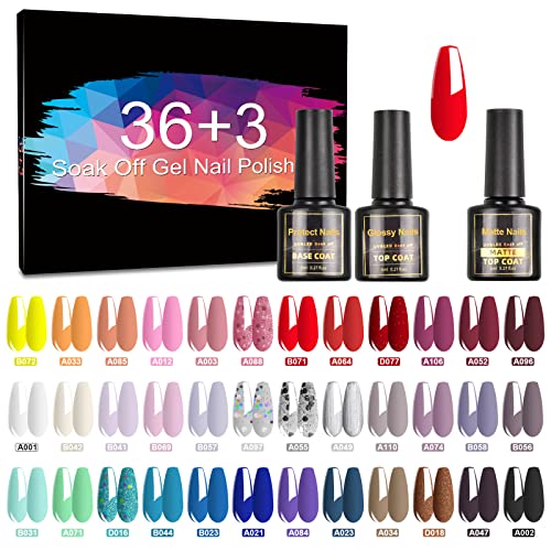 SINZONeu Vernis Semi Permanent 39 Vernis Manucure Nail Art Lot Vernis à Ongles Vernis Gel UV LED Nail Polish Soak Off 36 Couleurs Fluorescent Populaire, Base et Top Coat, Matt Top Coat, 8ml