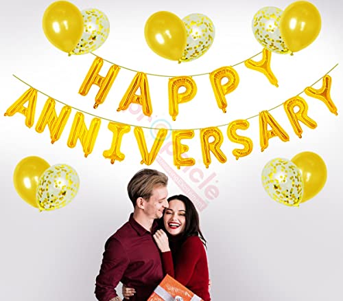 Image of Propsicle 16 inch Golden Happy Anniversary Helium Foil Letter Balloon 5 Golden Confetti 5 Metallic Balloon Combo /Decoration Item for Anniversary Party - 26 Balloons