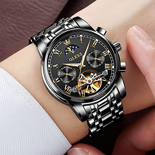 Image of OLEVS Men Watch Automatic Mechanical Skeleton Moon Phase Dress Business Stainless Steel 3AT Waterproof Luminous Men Wrist Watch
