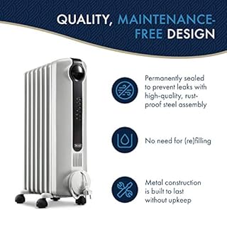 De'Longhi Oil-Filled Radiator Space Heater, Full Room Quiet 1500W, Adjustable Thermostat, 3 Heat Settings, Digital Timer, ECO Energy Saving Mode, Safety Features, Light Gray, Radia S TRRS0715ECA