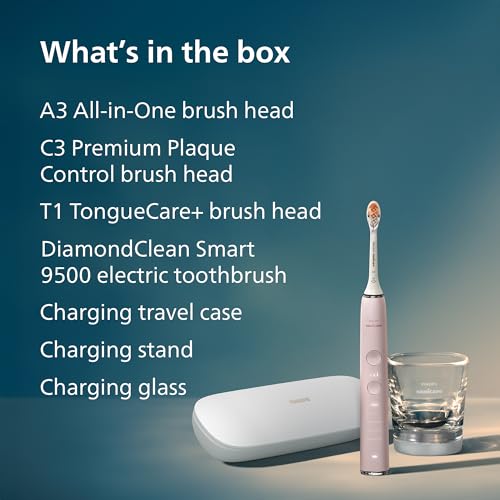 Image of Philips Sonicare DiamondClean Smart 9500 Electric Toothbrush - Sonic Toothbrush with App, Pressure Sensor, 15 Brushing Settings, Replacement Reminder, USB Charging Travel Case, Pink, Model HX9923 /21