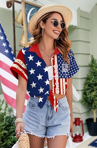 Image of Ithalt 4th of July Hawaiian Shirts Women American Flag Patriotic Short Sleeve Button Down Outfits Summer Vacation Tops