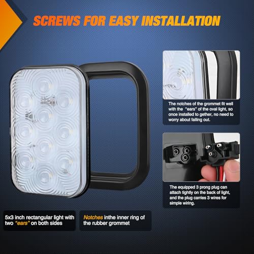 Image of Nilight 5 inch X 3 inch Rectangular Trailer Tail Light 2 PCS White 10 LED | Back Up Reverse Lights w /Flush Mount Grommets Plugs IP67 Waterproof for 12V Truck ATV UTV Bus RV Camper