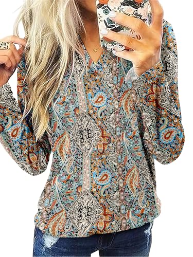 CRAZY GRID Women V Neck Fall Top Loose Fashion Casual Long Sleeve Shirt Comfy Blouse for Daily Wear and Office Work S-3XL4