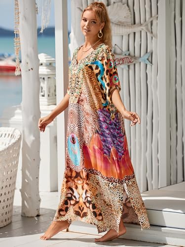 Image of Moss Rose Kaftan Dresses for Women V Neck Summer Swimsuit Cover up Caftan Maxi Beach Dresses