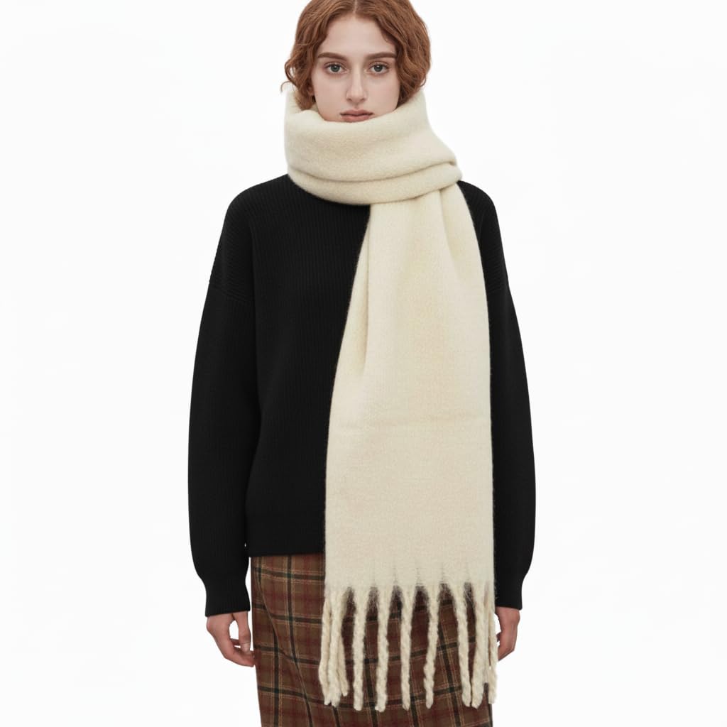 Large Chunky Scarf, Colorful Cashmere Feel Oversized Scarves Blanket Soft Big Wool Thick Winter Warm Women, Tassel Soft Fall Winter Thick Scarf for Outdoor (Cream)