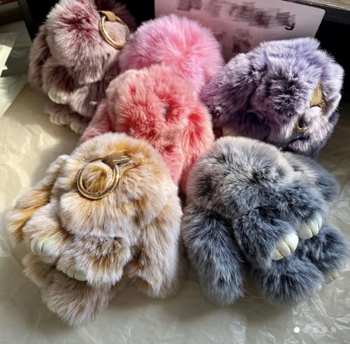 Fluffy Bunny Keychain, Soft Plush Rabbit Bag Charm, Gray Faux Fur with Gold Ring2