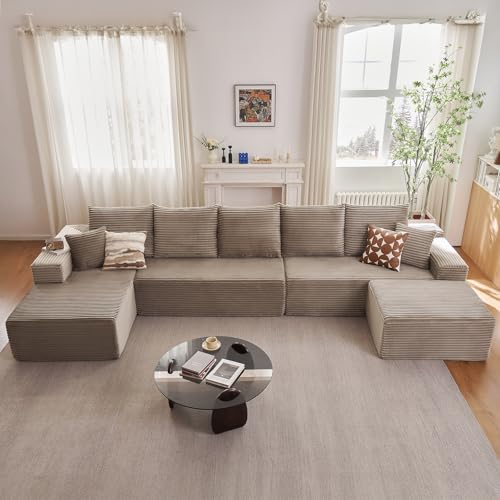 Image of Oversized Modular Sectional Sofa Couch, Large 6 Seater Corner Sofa Modern U Shaped Sectional Couch Cloud Couches for Living Room, Office, Spacious Space, Corduroy, No Assembly Required, Camel