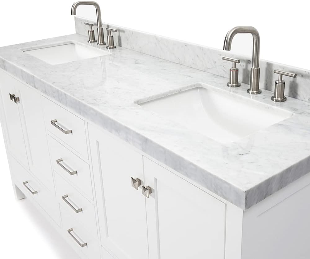 DKB Beckford 72" White Double Bathroom Vanity with Sink, 2" Edge Italian Carrara Marble Countertop, Rectangular Undermount Sinks, 4 Soft Closing Doors, 6 Dovetail Drawers, Brushed Nickel