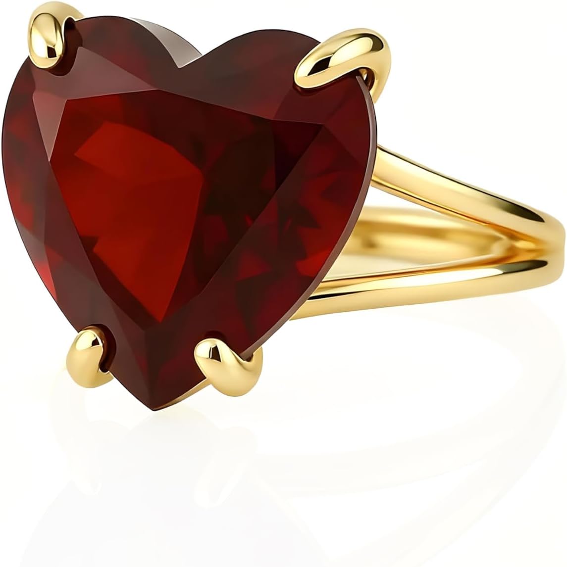 Red Garnet Heart Gem Ring - January Birthstone Jewelry with Double Band - Bold 14k Yellow Gold Cocktail Piece for Women - Statement Handmade Accessory