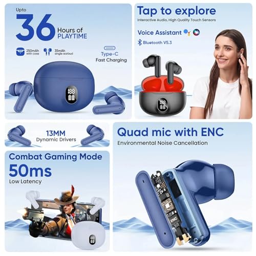Image of YOYO PODS TWS Earbuds with Battery Display, BT 5.3+ENC Wireless Headphone, Upto 36Hrs Playtime, Quick Pairing, Immersive Sound, Touch Control, Fast Charging, IPX4 & Voice Assistance(Black)