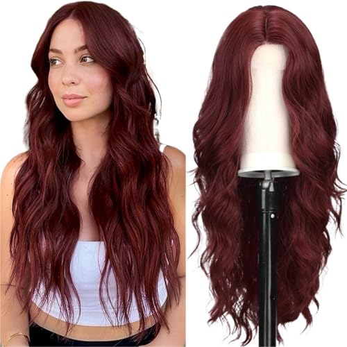 Perruque de cheveux longs bouclés bordeaux avec bandeau naturel pour femme