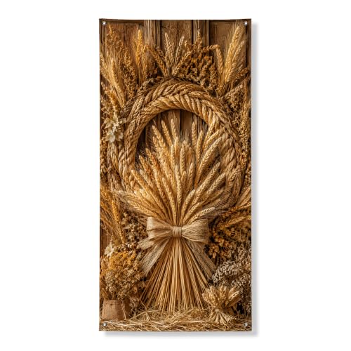 Cubiertas decorativas de trigo para puerta, diseño rústico de granja, con lazo floral de otoño marrón con cuerda para puerta delantera, decoración del hogar para porche, patio, puerta, decoración de