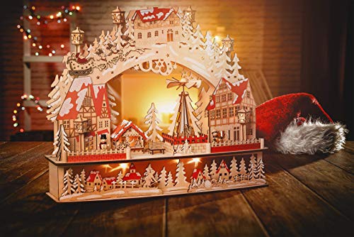 Wichtelstube-Kollektion XL Schwibbogen mit drehender Pyramide inkl. Trafo und Timer Schwippbogen mit Bewegung und Podest Unterbank Premium Holz 45 x 12 x 38cm