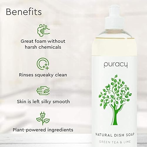 Puracy Natural Dish Soap Refill, Skin-Softening Plant-Based Liquid Dishwashing Detergent Soap, Clean-Rinsing Water-Sheeting Formula, (Green Tea And Lime 48 Oz) #TOP2