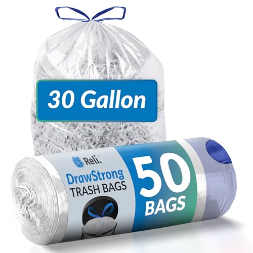 Reli. 30 Gallon Trash Bags Drawstring (50 Count), Clear | Strong, Large Garbage Bags 30 Gallon | Unscented, Drawstrings | Recycling Can Liners
